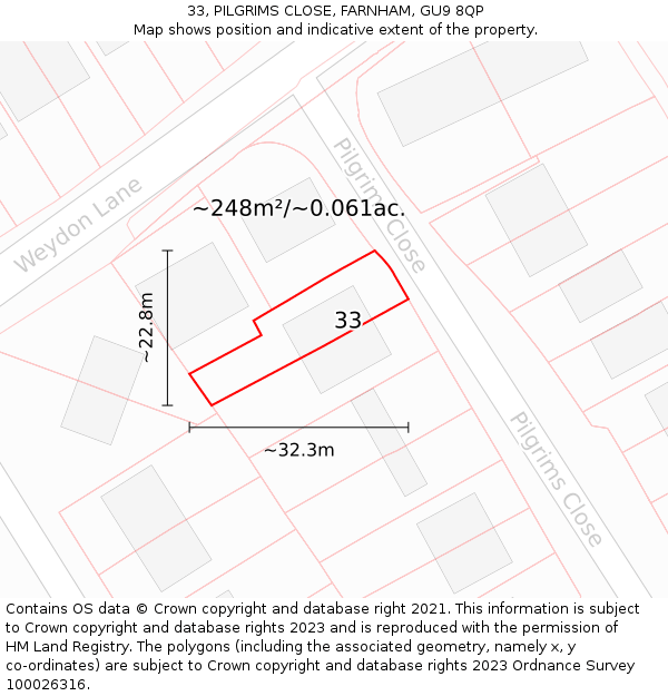 33, PILGRIMS CLOSE, FARNHAM, GU9 8QP: Plot and title map