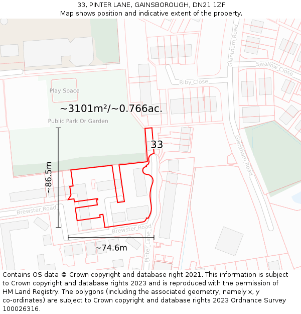 33, PINTER LANE, GAINSBOROUGH, DN21 1ZF: Plot and title map