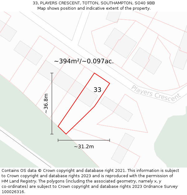 33, PLAYERS CRESCENT, TOTTON, SOUTHAMPTON, SO40 9BB: Plot and title map