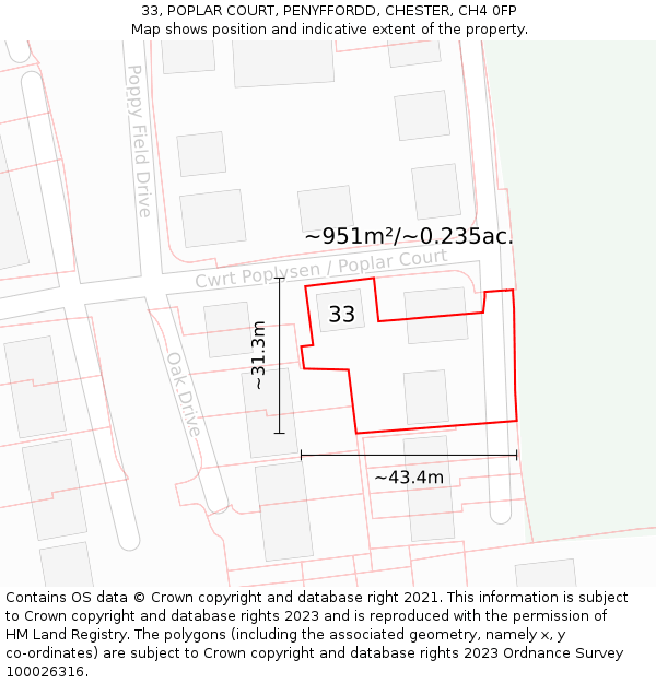 33, POPLAR COURT, PENYFFORDD, CHESTER, CH4 0FP: Plot and title map