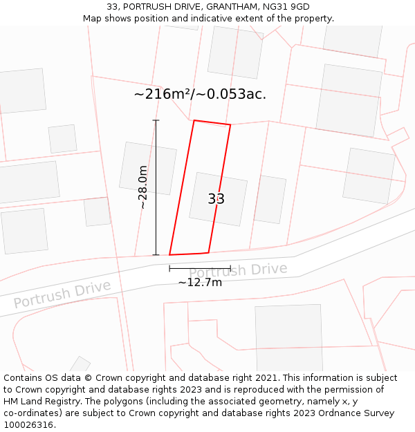 33, PORTRUSH DRIVE, GRANTHAM, NG31 9GD: Plot and title map