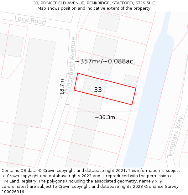 33, PRINCEFIELD AVENUE, PENKRIDGE, STAFFORD, ST19 5HG: Plot and title map