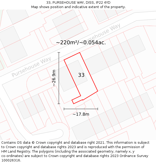 33, PURSEHOUSE WAY, DISS, IP22 4YD: Plot and title map