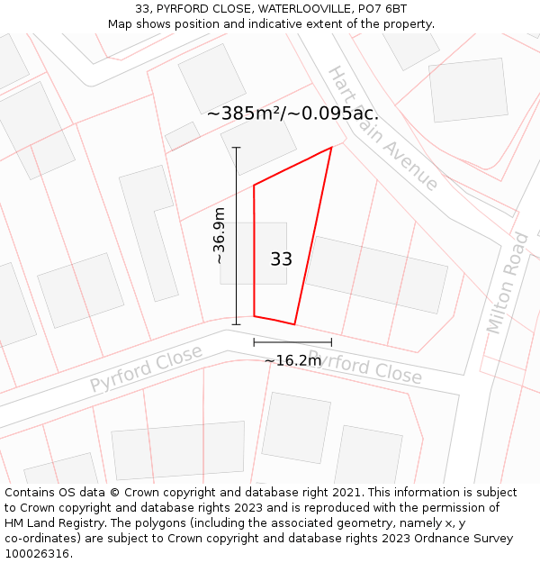 33, PYRFORD CLOSE, WATERLOOVILLE, PO7 6BT: Plot and title map