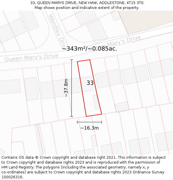 33, QUEEN MARYS DRIVE, NEW HAW, ADDLESTONE, KT15 3TS: Plot and title map