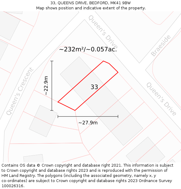 33, QUEENS DRIVE, BEDFORD, MK41 9BW: Plot and title map