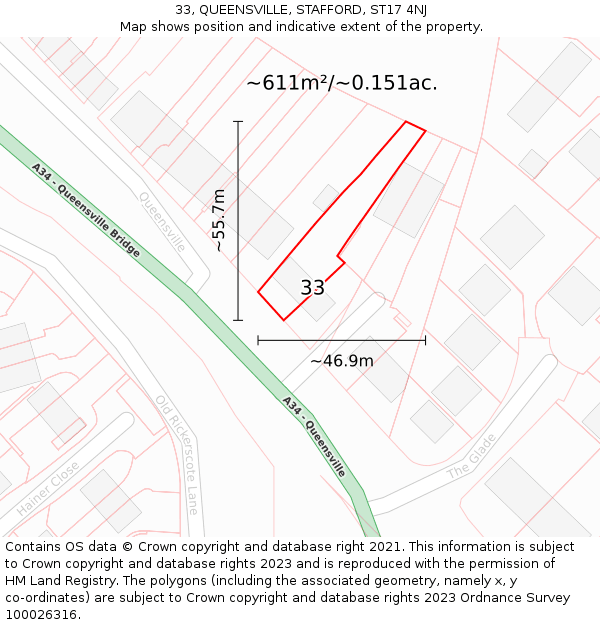 33, QUEENSVILLE, STAFFORD, ST17 4NJ: Plot and title map