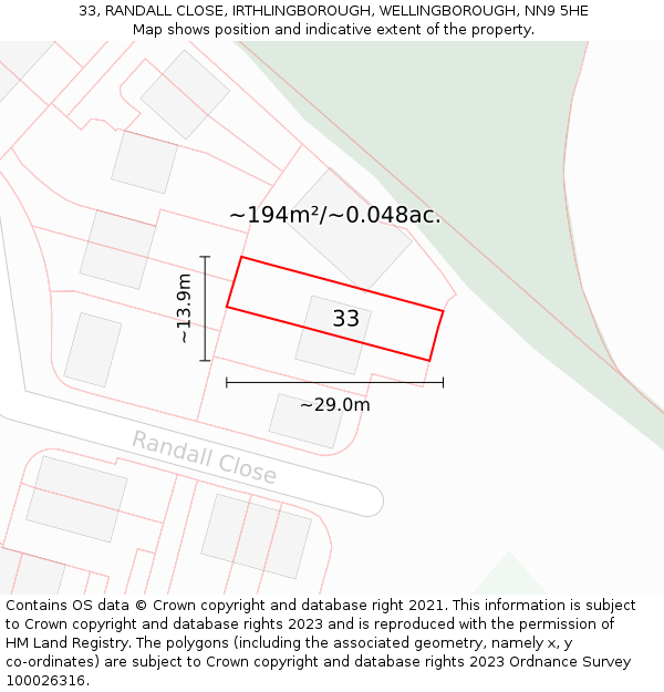 33, RANDALL CLOSE, IRTHLINGBOROUGH, WELLINGBOROUGH, NN9 5HE: Plot and title map