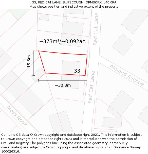 33, RED CAT LANE, BURSCOUGH, ORMSKIRK, L40 0RA: Plot and title map