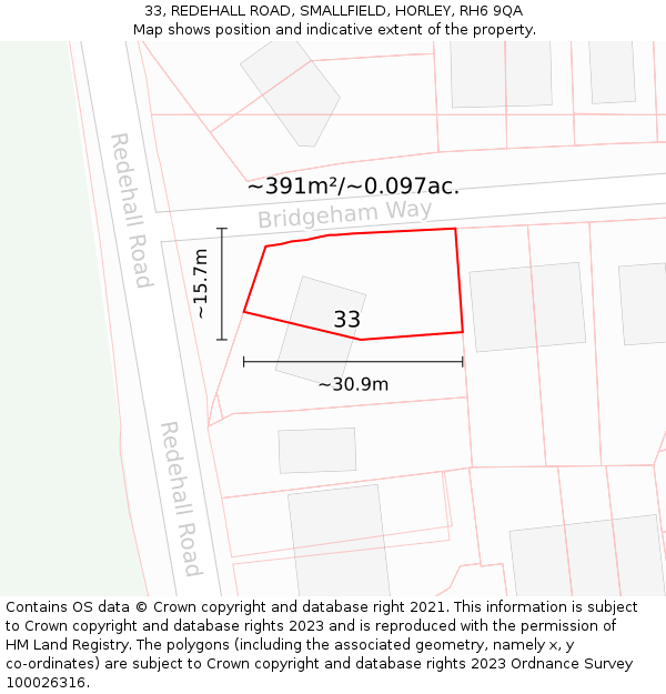 33, REDEHALL ROAD, SMALLFIELD, HORLEY, RH6 9QA: Plot and title map