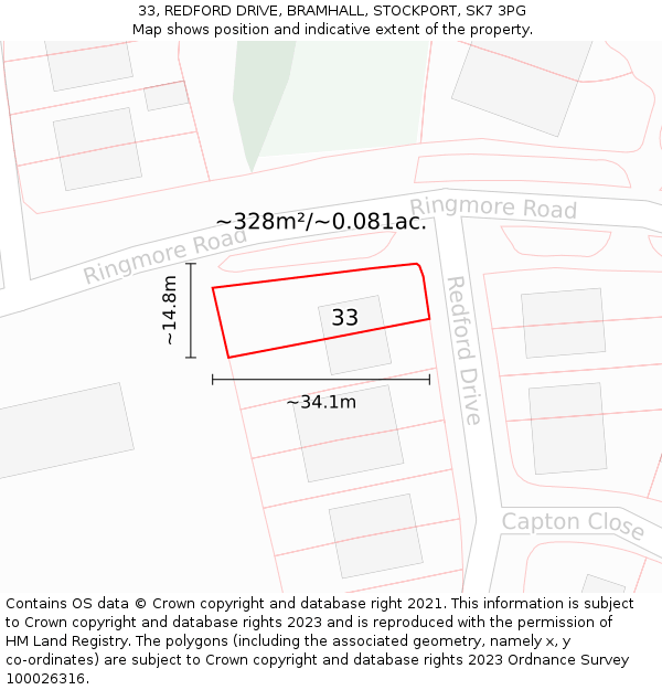 33, REDFORD DRIVE, BRAMHALL, STOCKPORT, SK7 3PG: Plot and title map