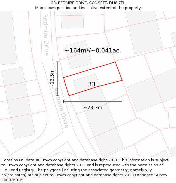 33, REDMIRE DRIVE, CONSETT, DH8 7EL: Plot and title map