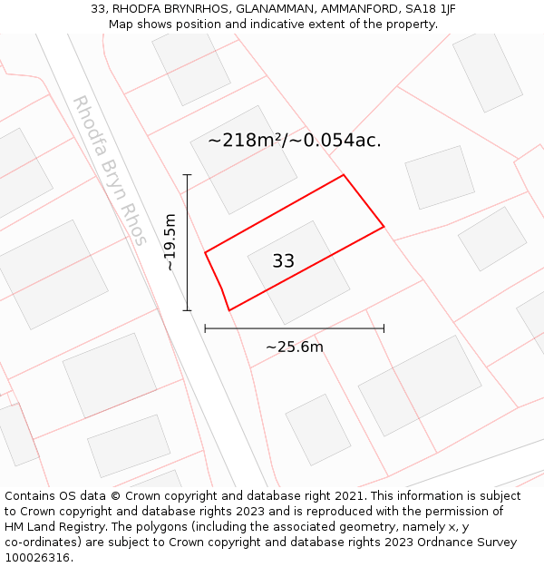 33, RHODFA BRYNRHOS, GLANAMMAN, AMMANFORD, SA18 1JF: Plot and title map