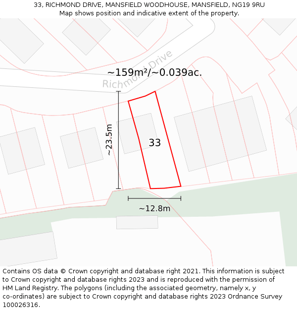 33, RICHMOND DRIVE, MANSFIELD WOODHOUSE, MANSFIELD, NG19 9RU: Plot and title map