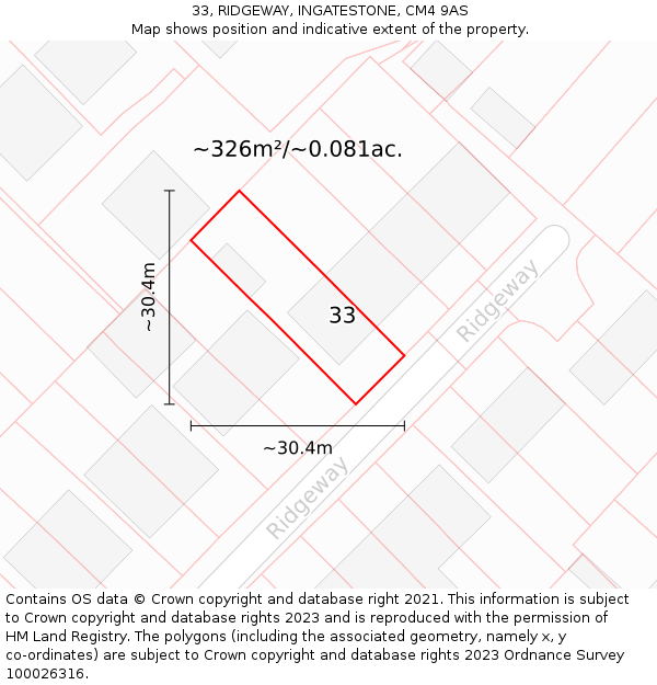 33, RIDGEWAY, INGATESTONE, CM4 9AS: Plot and title map