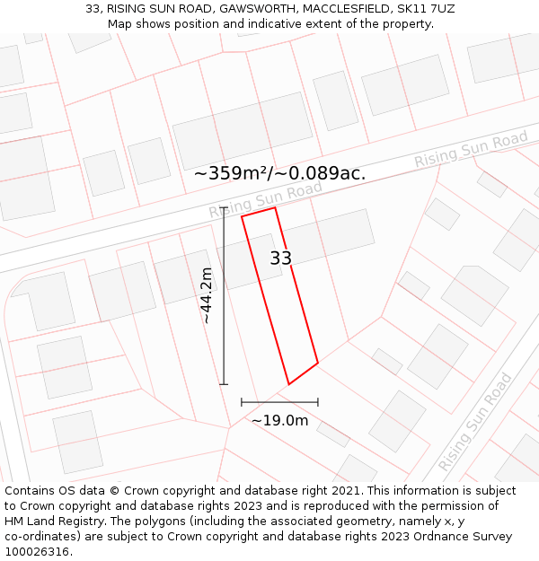 33, RISING SUN ROAD, GAWSWORTH, MACCLESFIELD, SK11 7UZ: Plot and title map