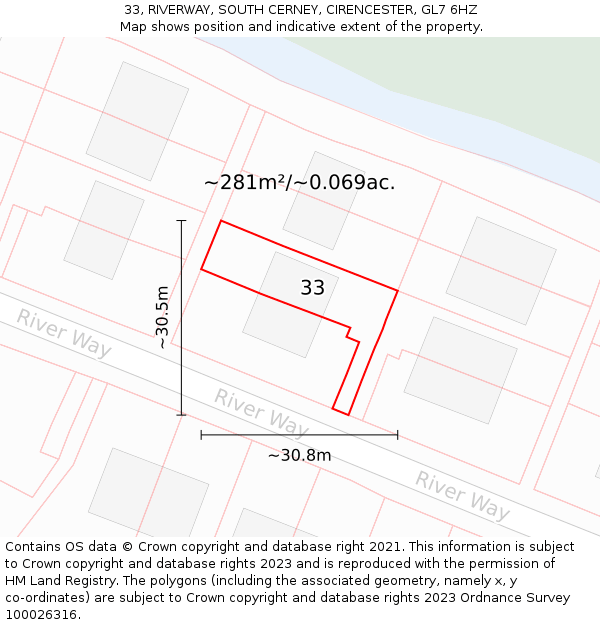 33, RIVERWAY, SOUTH CERNEY, CIRENCESTER, GL7 6HZ: Plot and title map