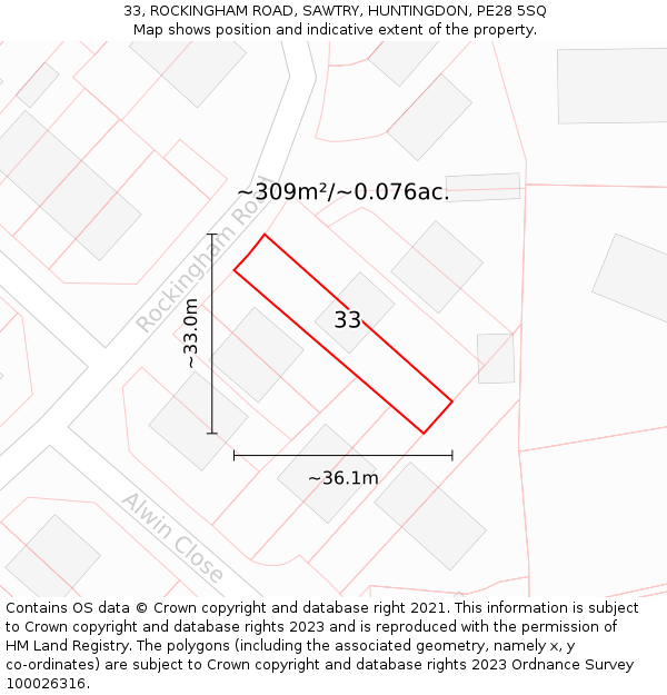 33, ROCKINGHAM ROAD, SAWTRY, HUNTINGDON, PE28 5SQ: Plot and title map