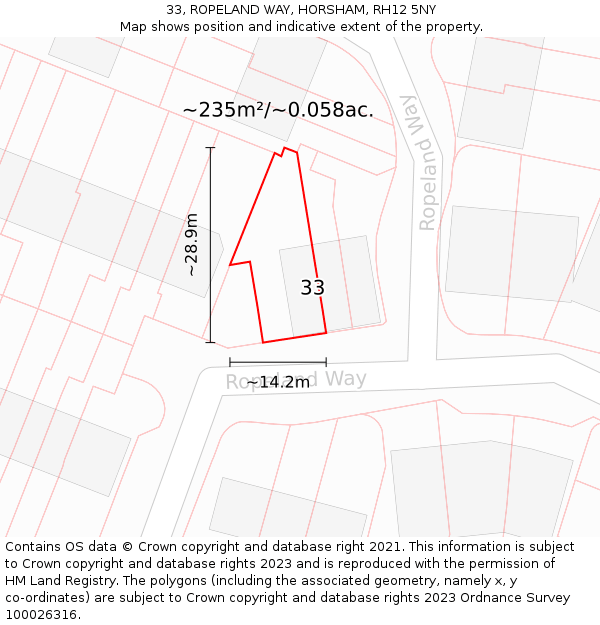 33, ROPELAND WAY, HORSHAM, RH12 5NY: Plot and title map