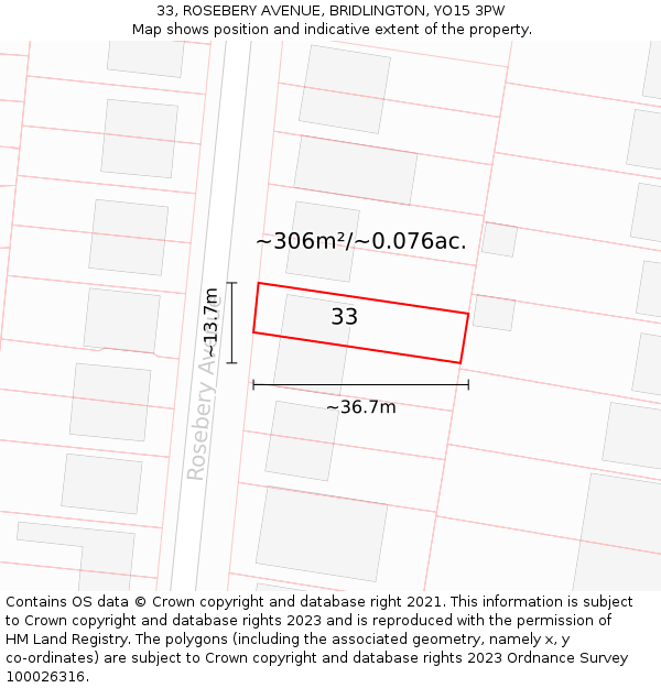 33, ROSEBERY AVENUE, BRIDLINGTON, YO15 3PW: Plot and title map