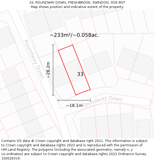 33, ROUNDWAY DOWN, FRESHBROOK, SWINDON, SN5 8NT: Plot and title map