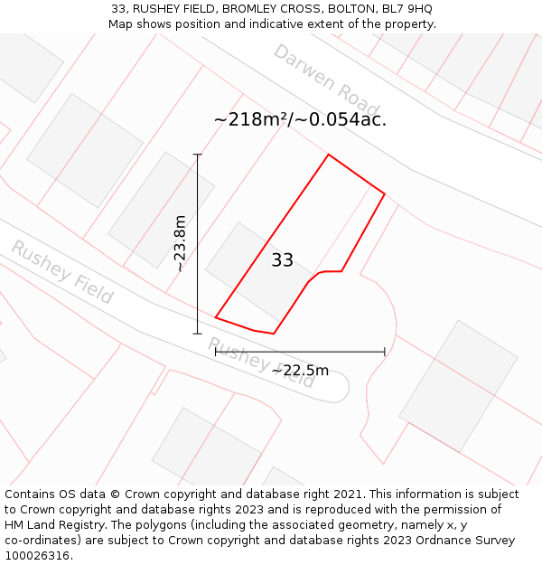 33, RUSHEY FIELD, BROMLEY CROSS, BOLTON, BL7 9HQ: Plot and title map