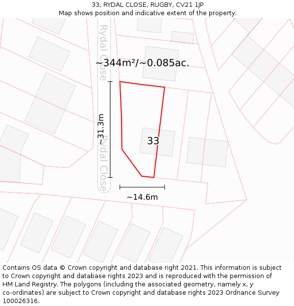 33, RYDAL CLOSE, RUGBY, CV21 1JP: Plot and title map