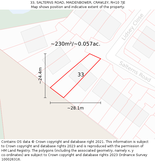 33, SALTERNS ROAD, MAIDENBOWER, CRAWLEY, RH10 7JE: Plot and title map