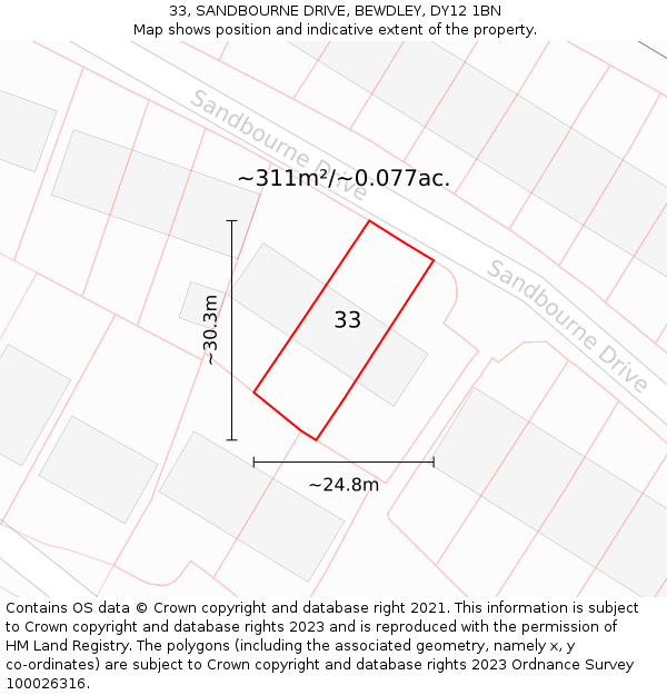 33, SANDBOURNE DRIVE, BEWDLEY, DY12 1BN: Plot and title map