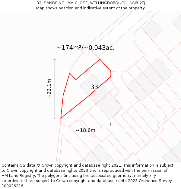 33, SANDRINGHAM CLOSE, WELLINGBOROUGH, NN8 2EJ: Plot and title map