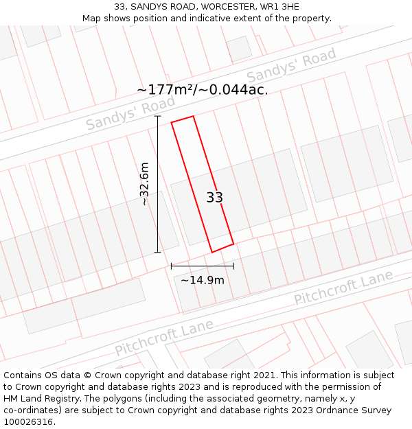 33, SANDYS ROAD, WORCESTER, WR1 3HE: Plot and title map