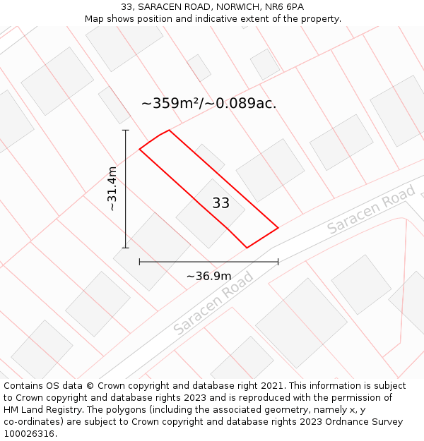 33, SARACEN ROAD, NORWICH, NR6 6PA: Plot and title map