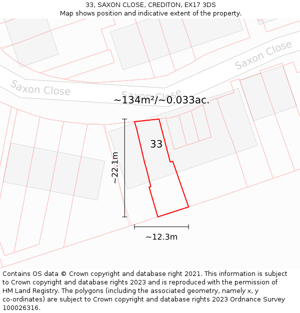 33, SAXON CLOSE, CREDITON, EX17 3DS: Plot and title map