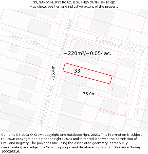 33, SAXONHURST ROAD, BOURNEMOUTH, BH10 6JD: Plot and title map