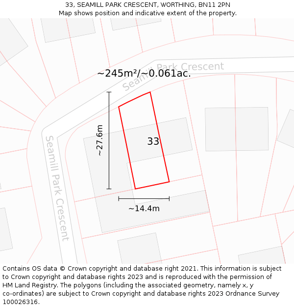 33, SEAMILL PARK CRESCENT, WORTHING, BN11 2PN: Plot and title map