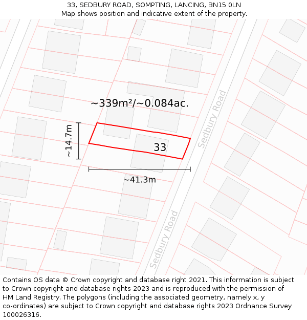 33, SEDBURY ROAD, SOMPTING, LANCING, BN15 0LN: Plot and title map