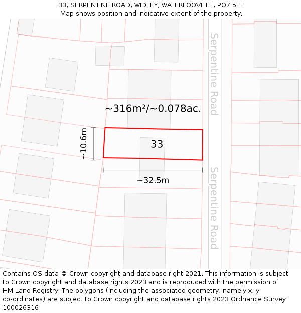33, SERPENTINE ROAD, WIDLEY, WATERLOOVILLE, PO7 5EE: Plot and title map