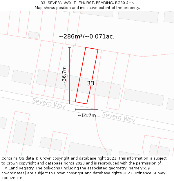 33, SEVERN WAY, TILEHURST, READING, RG30 4HN: Plot and title map