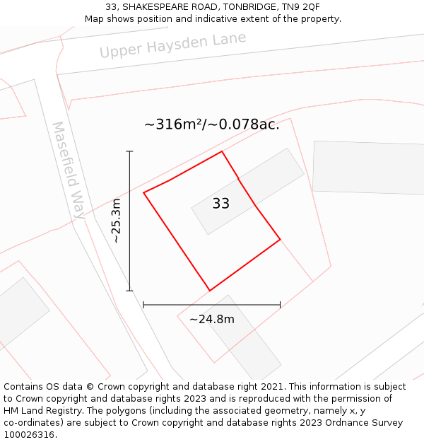 33, SHAKESPEARE ROAD, TONBRIDGE, TN9 2QF: Plot and title map