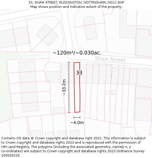33, SHAW STREET, RUDDINGTON, NOTTINGHAM, NG11 6HF: Plot and title map