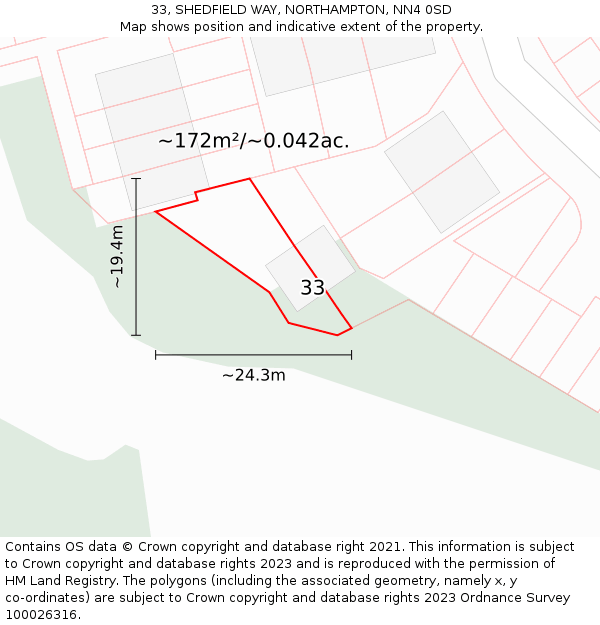 33, SHEDFIELD WAY, NORTHAMPTON, NN4 0SD: Plot and title map