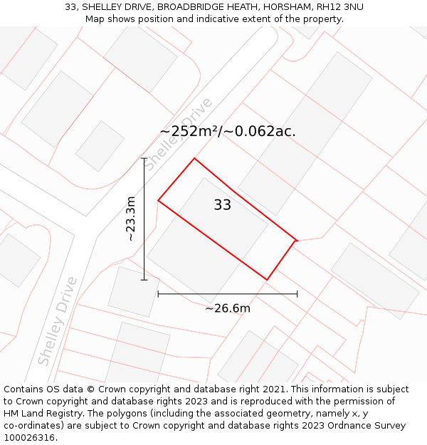 33, SHELLEY DRIVE, BROADBRIDGE HEATH, HORSHAM, RH12 3NU: Plot and title map