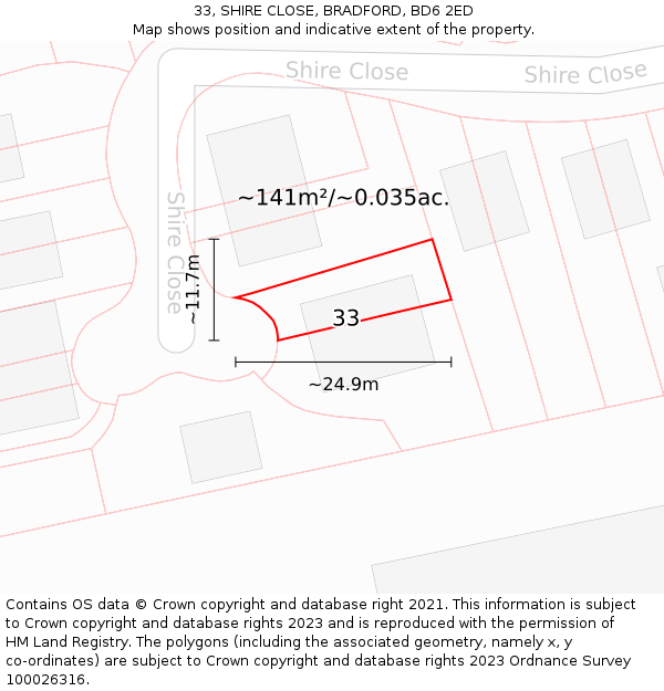33, SHIRE CLOSE, BRADFORD, BD6 2ED: Plot and title map