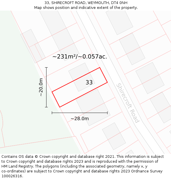 33, SHIRECROFT ROAD, WEYMOUTH, DT4 0NH: Plot and title map