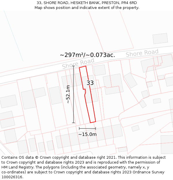 33, SHORE ROAD, HESKETH BANK, PRESTON, PR4 6RD: Plot and title map