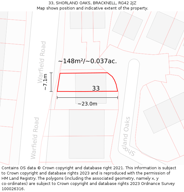 33, SHORLAND OAKS, BRACKNELL, RG42 2JZ: Plot and title map