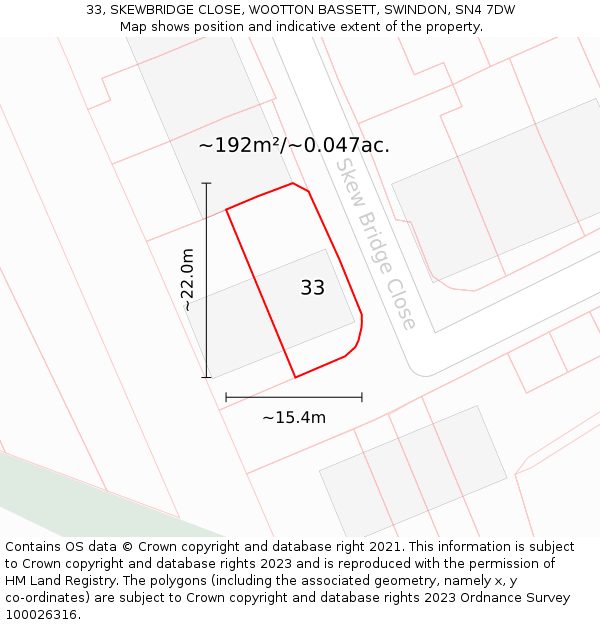 33, SKEWBRIDGE CLOSE, WOOTTON BASSETT, SWINDON, SN4 7DW: Plot and title map