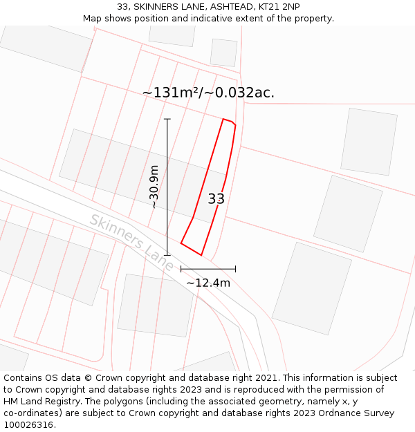 33, SKINNERS LANE, ASHTEAD, KT21 2NP: Plot and title map