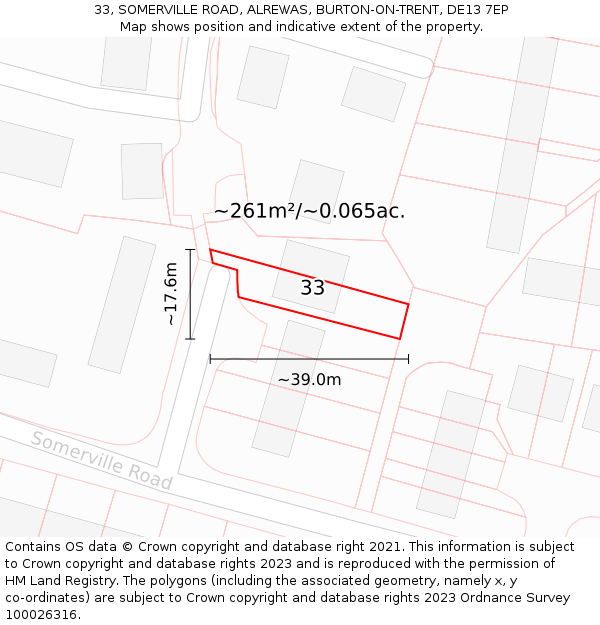 33, SOMERVILLE ROAD, ALREWAS, BURTON-ON-TRENT, DE13 7EP: Plot and title map