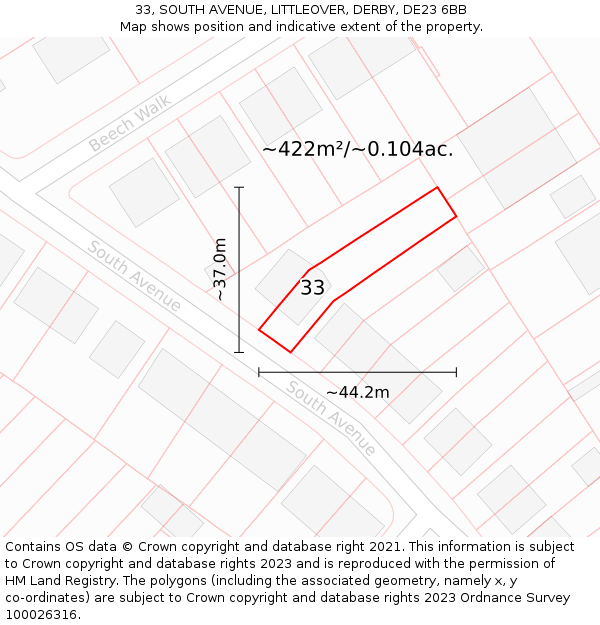 33, SOUTH AVENUE, LITTLEOVER, DERBY, DE23 6BB: Plot and title map